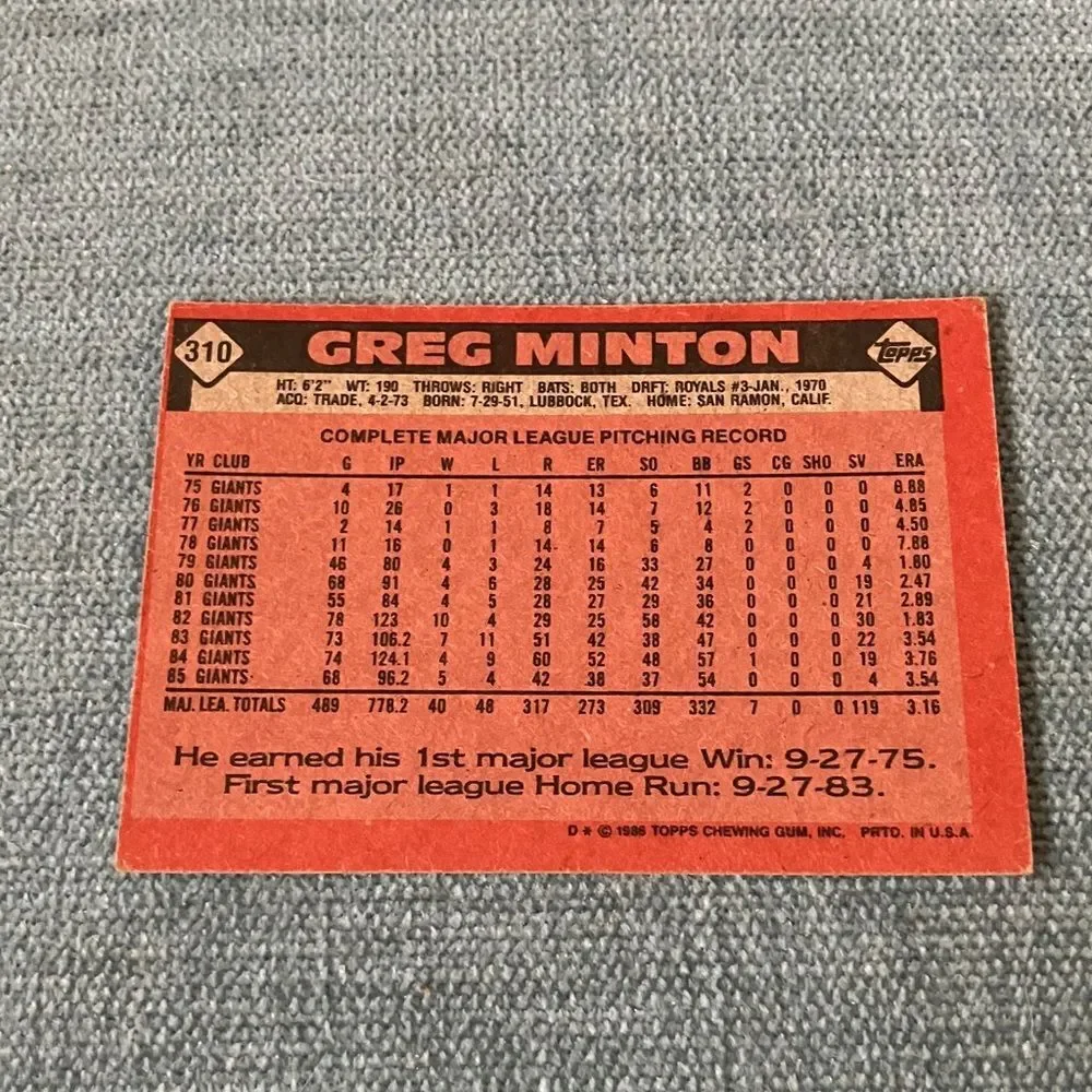 1986 Topps San Francisco Giants Baseball Card Trading Card